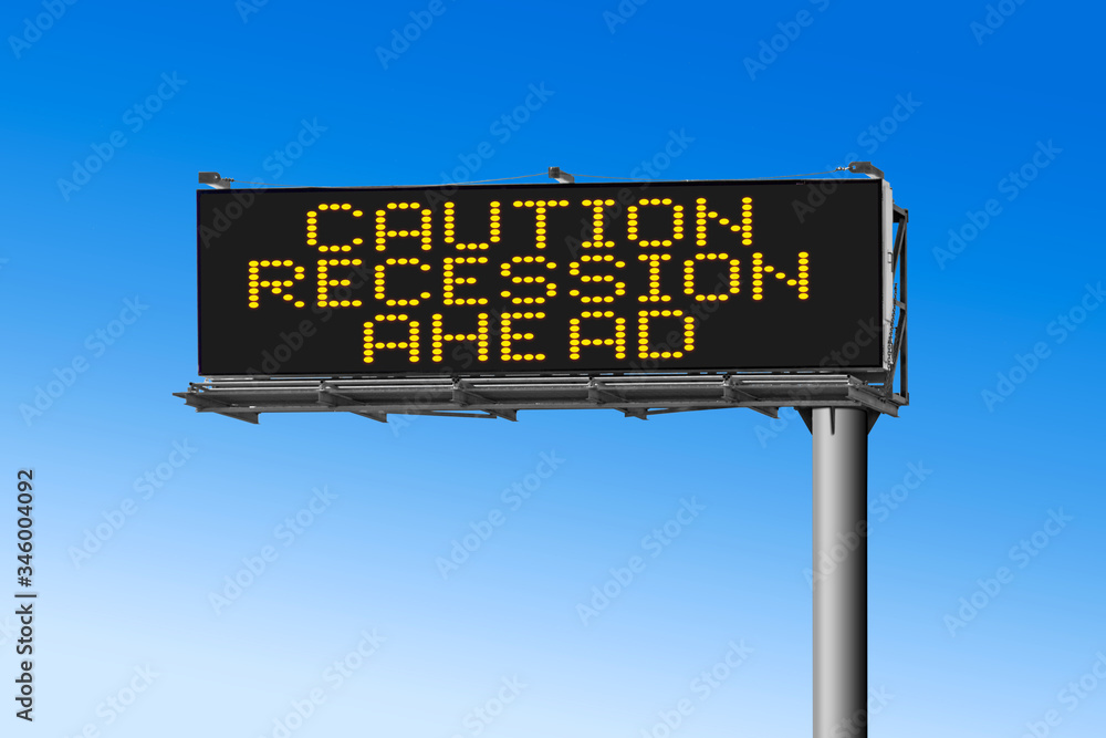 Caution Recession Ahead on a highway electronic road sign with blue background Caution Recession Ahead on a highway electronic road sign with blue background