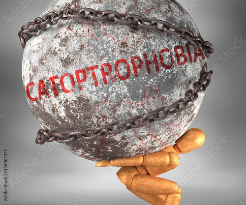 Catoptrophobia and hardship in life - pictured by word Catoptrophobia as a heavy weight on shoulders to symbolize Catoptrophobia as a burden, 3d illustration photo