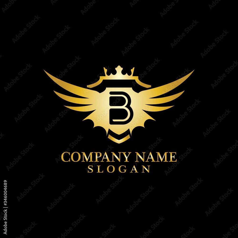 Letter B Shield, Wing and Crown gold in elegant style with black background for Business Logo Template Design, Emblem, Design concept, Creative Symbol, Icon Letter B Shield, Wing and Crown gold in elegant style with black background for Business Logo Template Design, Emblem, Design concept, Creative Symbol, Icon