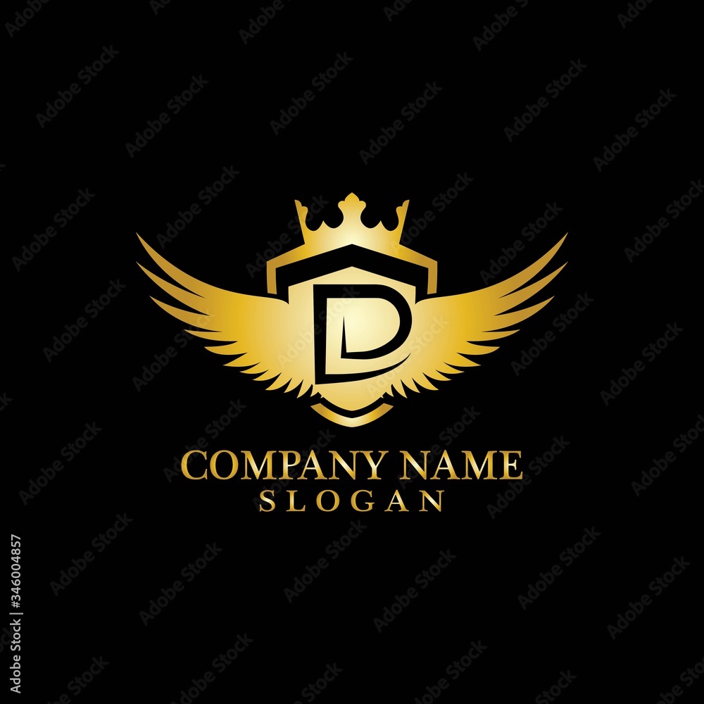 Letter D Shield, Wing and Crown gold in elegant style with black background for Business Logo Template Design, Emblem, Design concept, Creative Symbol, Icon