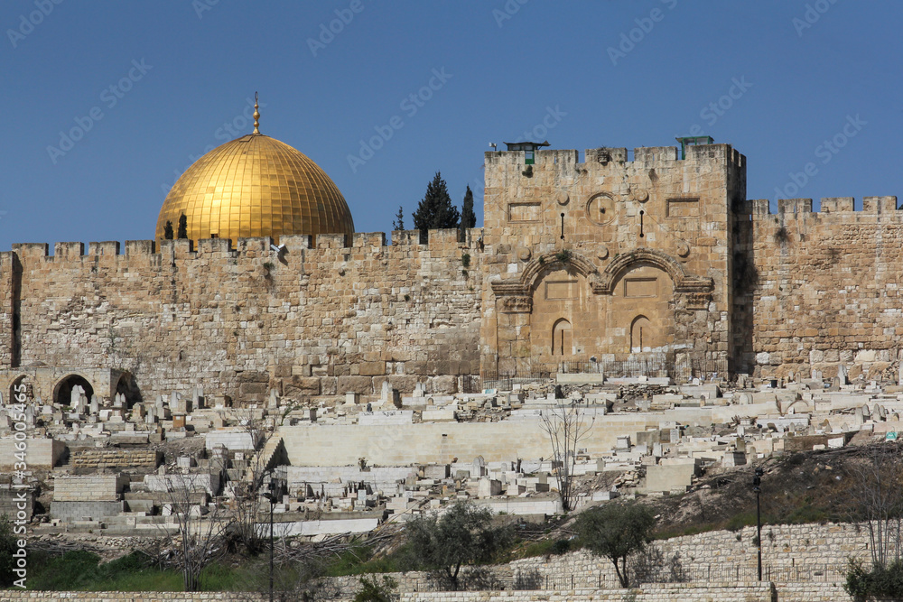 Dome of the Rock and old wall of Jerusalem, Israel