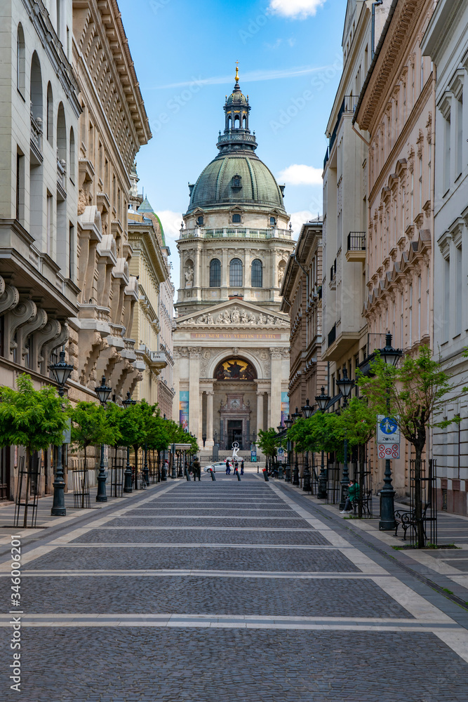Budapest, Hungary - May 4, 2020: Empty Zrinyi street at St. Stephens Basilica on Budapest center.