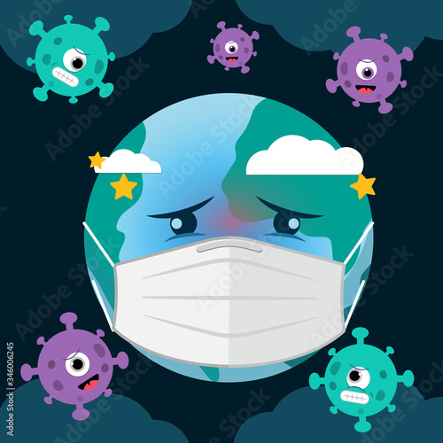 Illustration concept of Corona virus attacking world. The world wearing mask and feel fear with the Corona virus Covid-19. Cartoon vector.