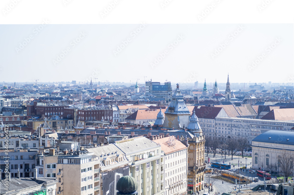 Obraz premium BUDAPEST, HUNGARY - MARCH 2020. Aerial view square with people in front of Saint Stephens Basilica in Budapest