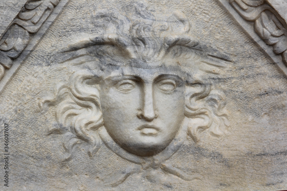 Relief of Medusa Gorgo on the sarcophagus in Caesarea Maritima, Israel