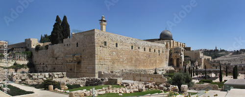 Al-Aqsa Mosque surrounded by walls and ancient ruins in Old City of Jerusalem, Israel