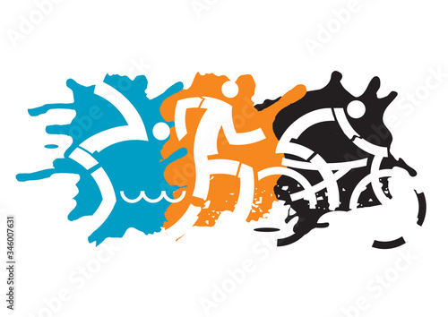 Three Triathlon racers. 
Expressive dynamic drawing Three triathlon athletes on the grunge background. Vector available.
