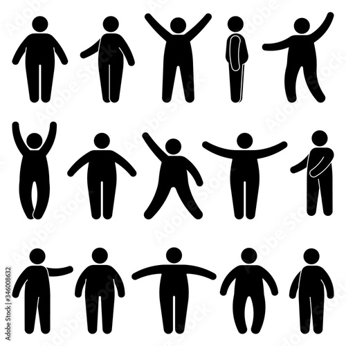 Fat stick figure man standing front, side view in different poses vector icon illustration set. Obese male hands up, waving, pointing, showing silhouette pictogram on white
