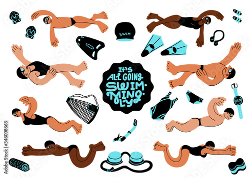 Set of diverse swimmers and swimming equipment