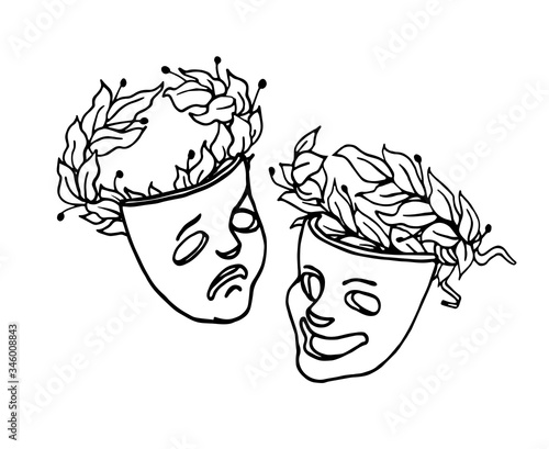 theatrical masks of Comedy and tragedy with laurel wreaths, symbols of joke, fun, drama, sadness, vector illustration with black ink contour lines in hand drawn style isolated on white background