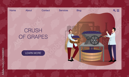 Male and female winemakers in work uniform crumple grapes on industrial equipment at winery. Concept of website, landing page design template