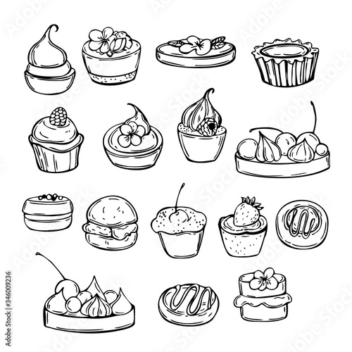 Bakery products. Cakes. Vector sketch  illustration.