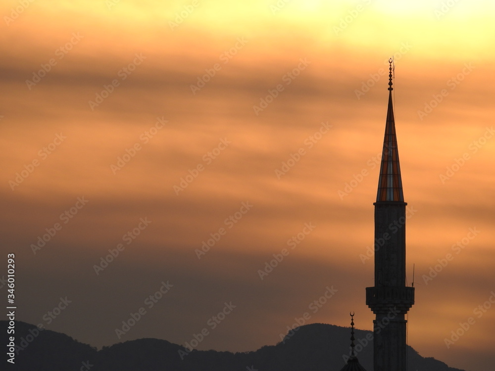 sky, mosque, tower, architecture, sunset, church, religion, minaret, silhouette, building, blue, istanbul, turkey, landscape, city, steeple, clouds, travel, cathedral, old, evening, cityscape, cloud, 