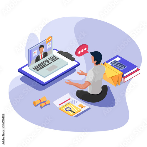Business worker do communication with boss in computer. Isometric Remote work illustration concept. Male with laptop technology, certificate, books. Vector