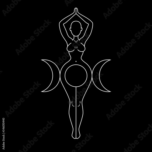 Triple Goddess, beautiful woman figure respresenting moon cycles, Wiccan traditional symbol. Vector illustration