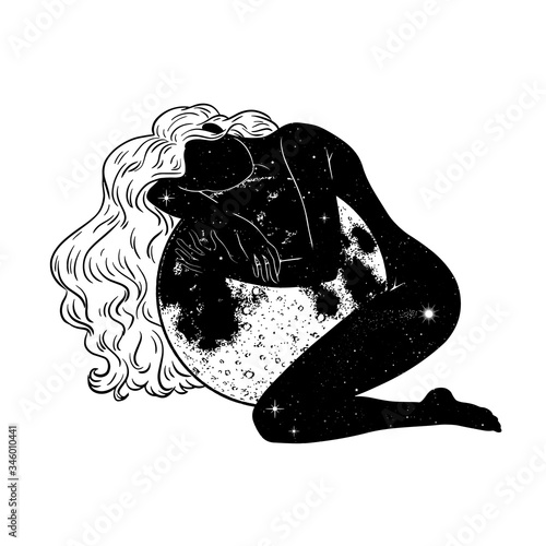 Beautiful woman hugging full moon, magic theme, goddess symbol. Vector illustration