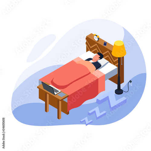 Man tired and sleeping in the bed in front of his laptop. Sleeping man with alarm, smartphone, night lamp. Isometric time management illustration concept. Vector