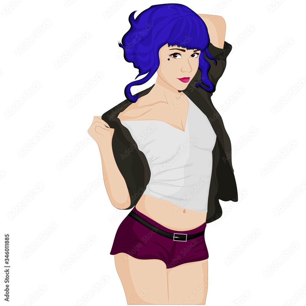Beautiful girl with blue hair in shorts. Vectoe art Beautiful girl with blue hair in shorts. Vectoe art