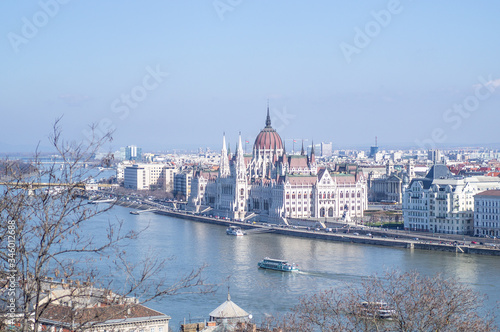 BUDAPEST, HUNGARY - APRIL 2020: View of Hungarian Parliament Building on the bank of the Danube in Budapest. 