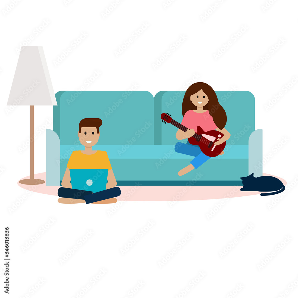 Home spending time. Output. The girl plays the guitar. A man works at a computer at home. Sofa. Cat. Lamp. Vector illustration isolated on a white background. Home spending time. Output. The girl plays the guitar. A man works at a computer at home. Sofa. Cat. Lamp. Vector illustration isolated on a white background.