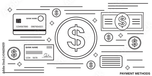 Payment methods thin line art style vector concept illustration