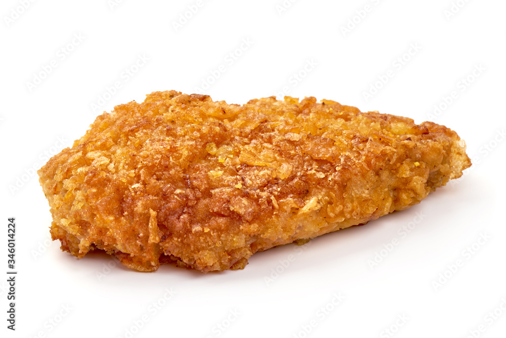 Delicious crispy chicken fillet in bread crumbs, isolated on white background Delicious crispy chicken fillet in bread crumbs, isolated on white background