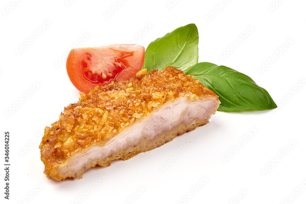 Fried Chicken strips in breadcrumbs, isolated on white background Fried Chicken strips in breadcrumbs, isolated on white background
