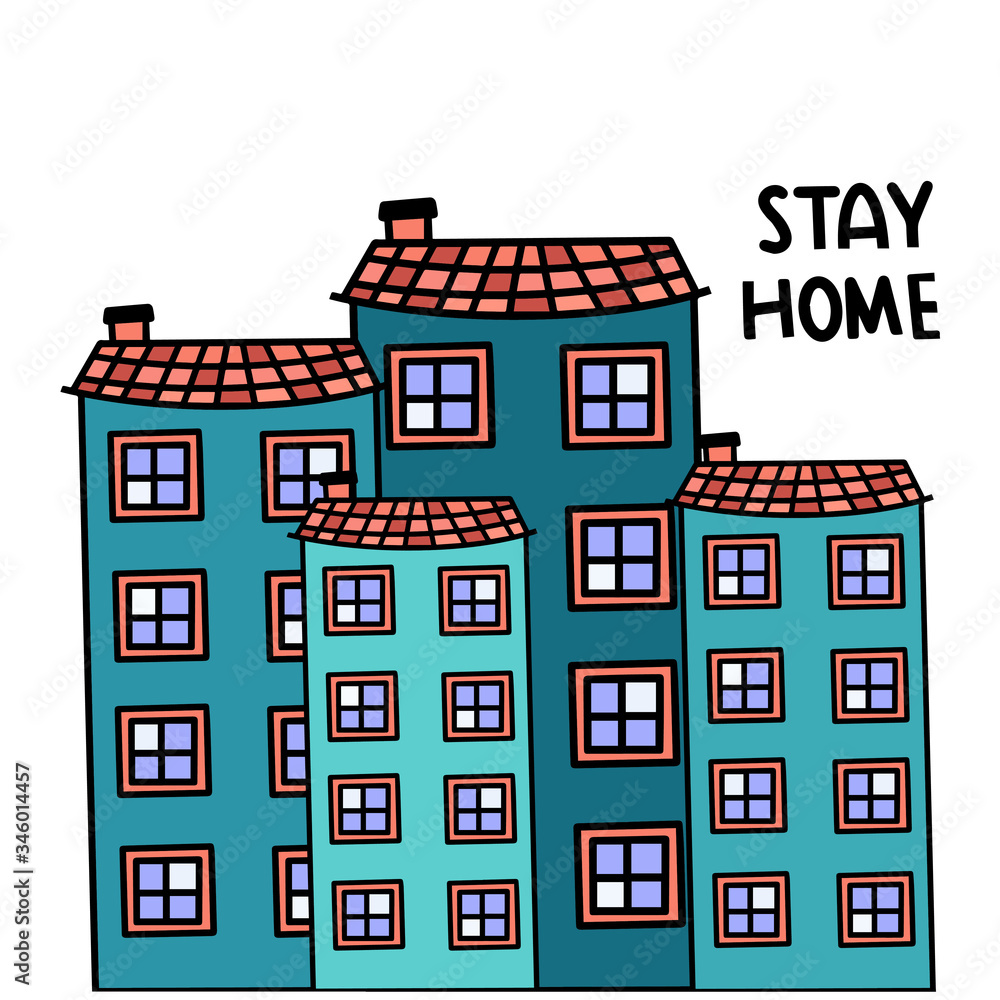 Stay home text with house icon. COVID 19 concept, vector illustration