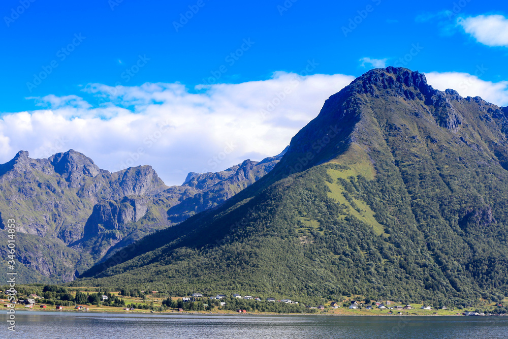 View of mountain Kaljordtinden in Hadsel municipality, Northern Norway