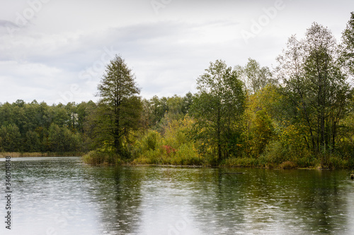 Morning autumn rain on a blue lake in Kazan. Russia.