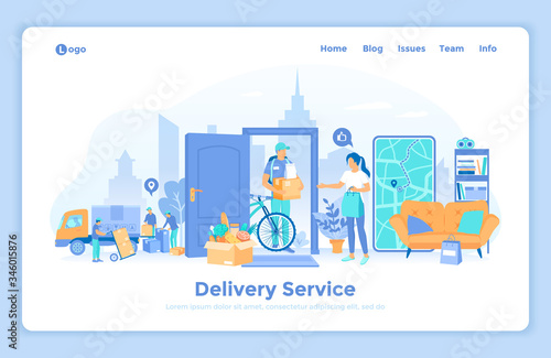 Delivery Service. Online app order tracking. Courier delivers a parcel to a woman at the door of her house. Workers in uniform are loading boxes into a truck. landing web page design template.