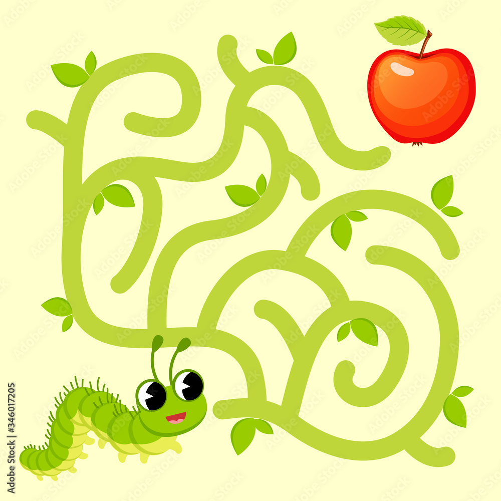 Naklejka premium Help caterpillar find path to apple. Labyrinth. Maze game for kids