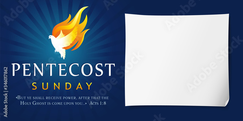 Pentecost Sunday poster with dove Holy Spirit in flame. Template invitation banner for Pentecost day with dove in tongues fire and text Acts 1:8. Vector illustration