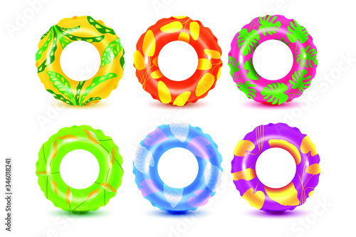 Set of swim rings on white background. Inflatable rubber toy for  water and beach or trip safety.
Life saving floating lifebuoy for beach or ship, rescue belt for saving people. Vector illustration. 