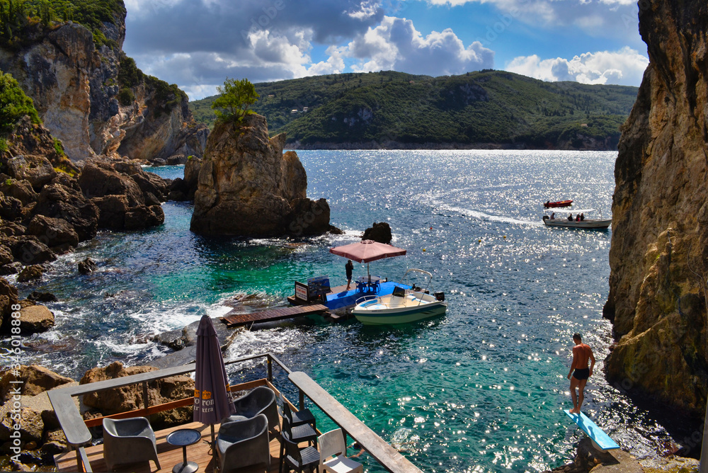 Cliff bar in the bay of the Ionian Sea, Paleokastritsa, Corfu, Greece