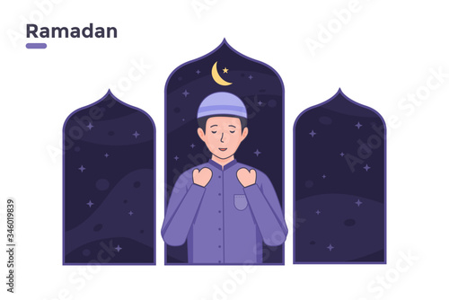 vector illustration muslim islam people praying on the day of night ramadan with stars and moon sky with islamic element. man pray to god in ramadhan concept. can use web banner poster infographic ui.