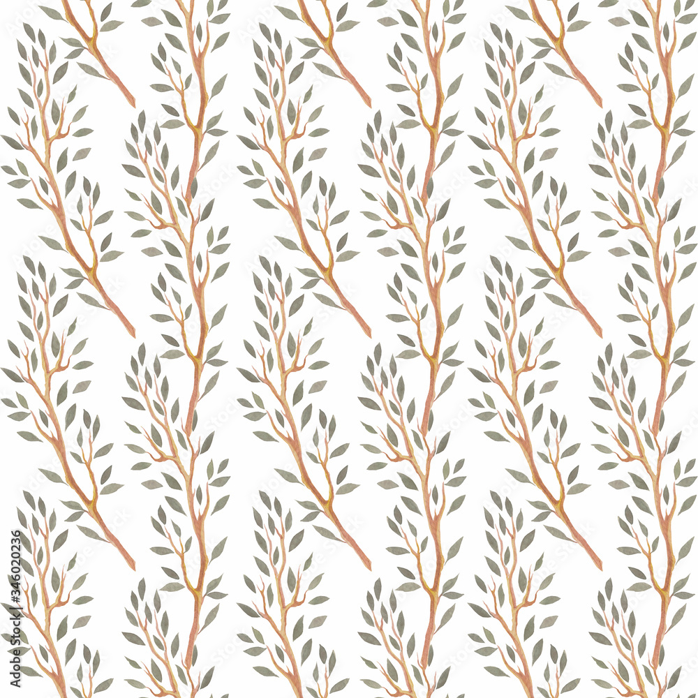 Seamless pattern with leaves. Watercolor branch background.