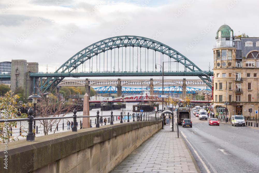 River Tyne bridges seen from the quayside in Newcastle Upon Tyne