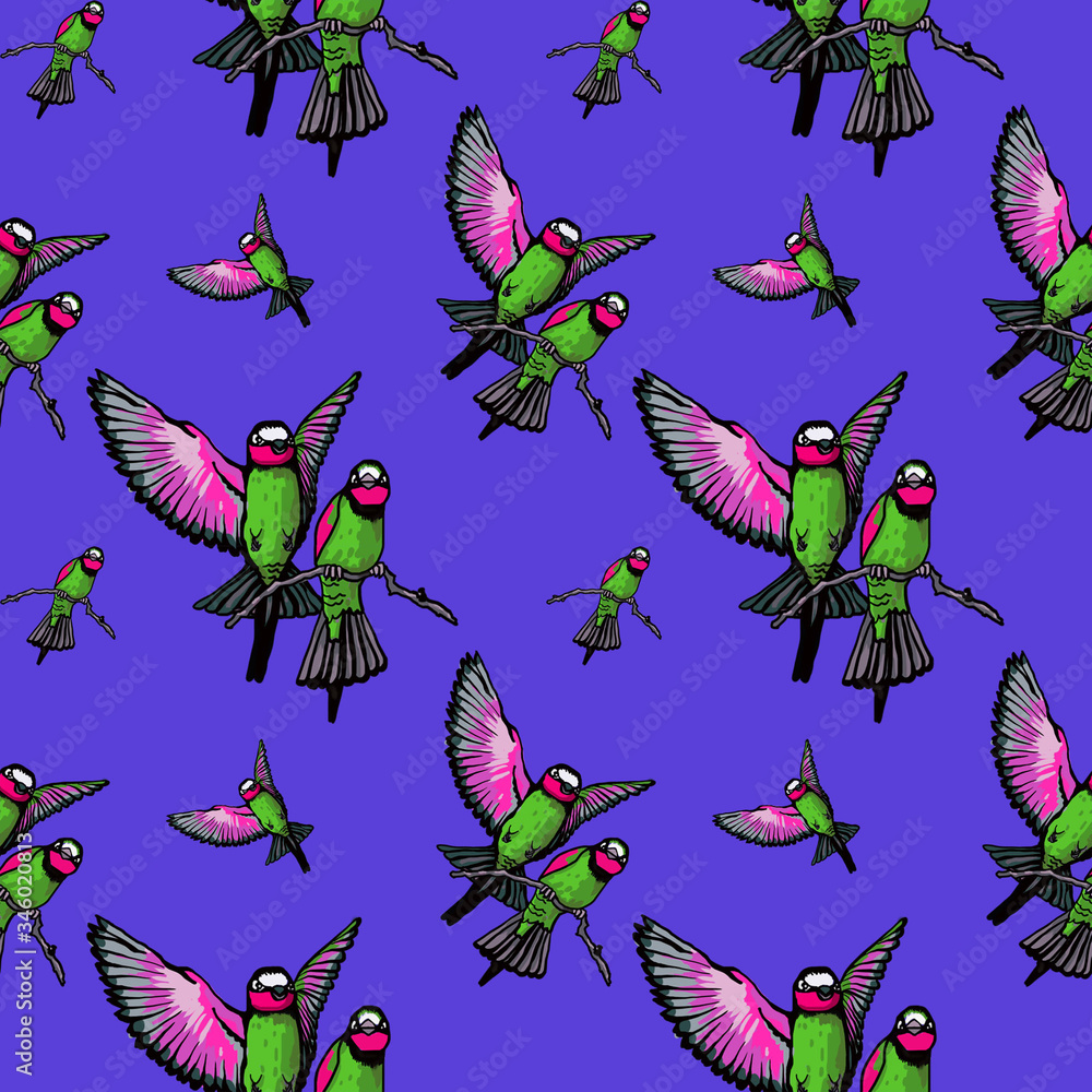 Obraz premium tropical birds seamless pattern blue background