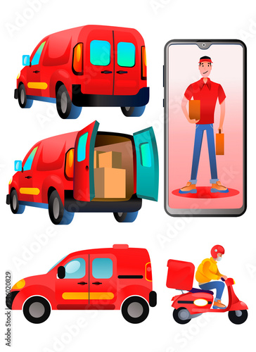 Set, delivery, van, online, service, moped