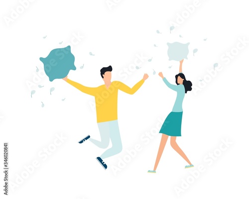 pillow fights. Carefree pillow fight. Flat cartoon. Vector illustration