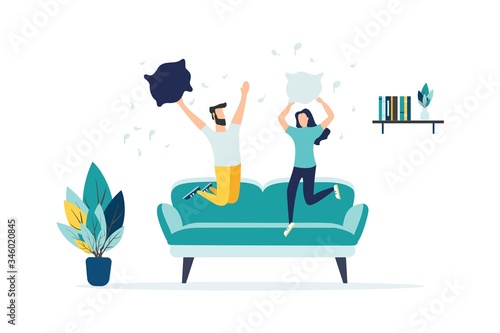 pillow fights. Carefree pillow fight. Flat cartoon. Vector illustration