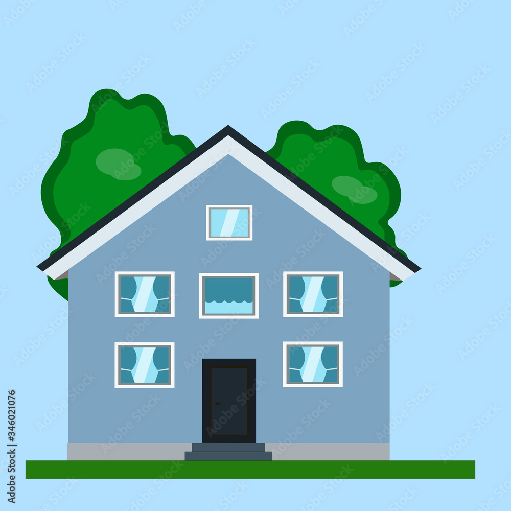 Large cartoon house illustration with tree