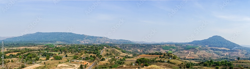 Panoramas of a community in the central valley with mountains and blue skies