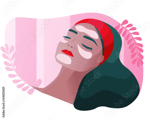 Cosmetology, dermatology. Face care. Girl in a beauty salon. Medical insurance illustration. Facelift and lifting. 
Patches for eyes and face. Moisturizing the skin. Anti-aging care. Vector graphics