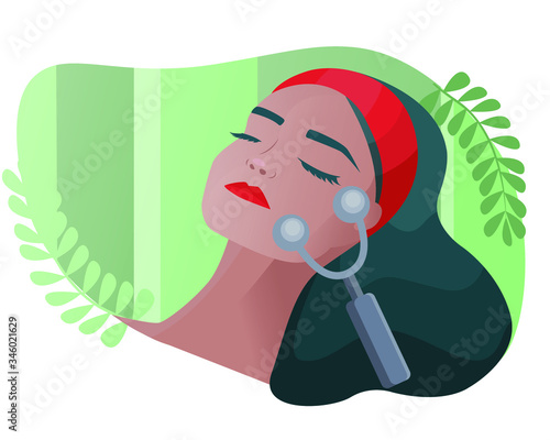 Cosmetology, dermatology, hardware cosmetology. Face massage. Face care. Girl in a beauty salon. Medical insurance illustration. Facelift and lifting