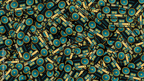 Seamless pattern of retro old hipster music audio tape recorders from the 70s, 80s, 90s, 2000s, background