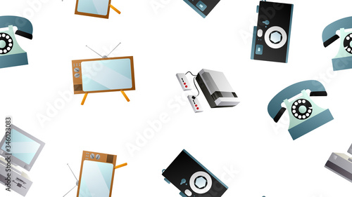 Seamless pattern of retro old hipster electronic devices technology computers cassettes tape recorders mobile phones from the 70s, 80s, 90s, 2000s on a white background