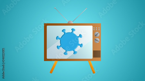 TV set and disease deadly coronavirus infection covid-19 pandemic virus molecule on blue background