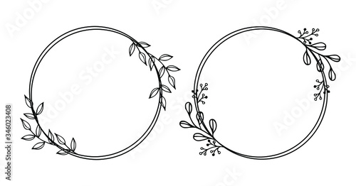 Floral Wreath with leaves and berries, round frame, floral circle vector isolated on white background. Hand drawn simple For wedding invitations, greeting cards